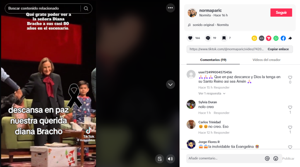 Captura de pantalla donde se lee la publicación de la muerte de Diana Bracho