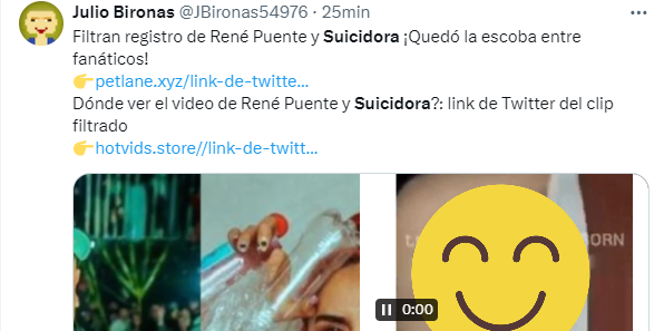Captura de pantalla en la que se ve una publicación que supuestamente tiene el video de Suicidora y René Puente