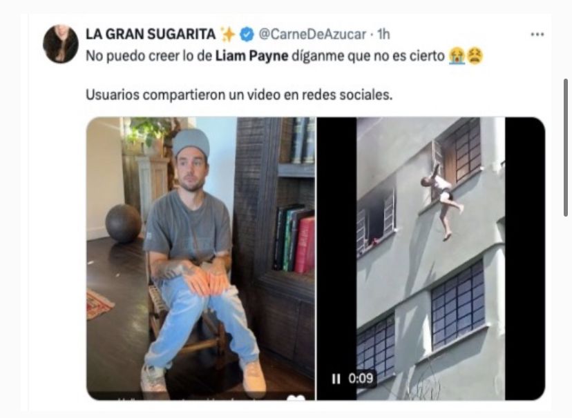 Captura de pantalla de una publicación con el supuesto video de la caída de Liam Payne