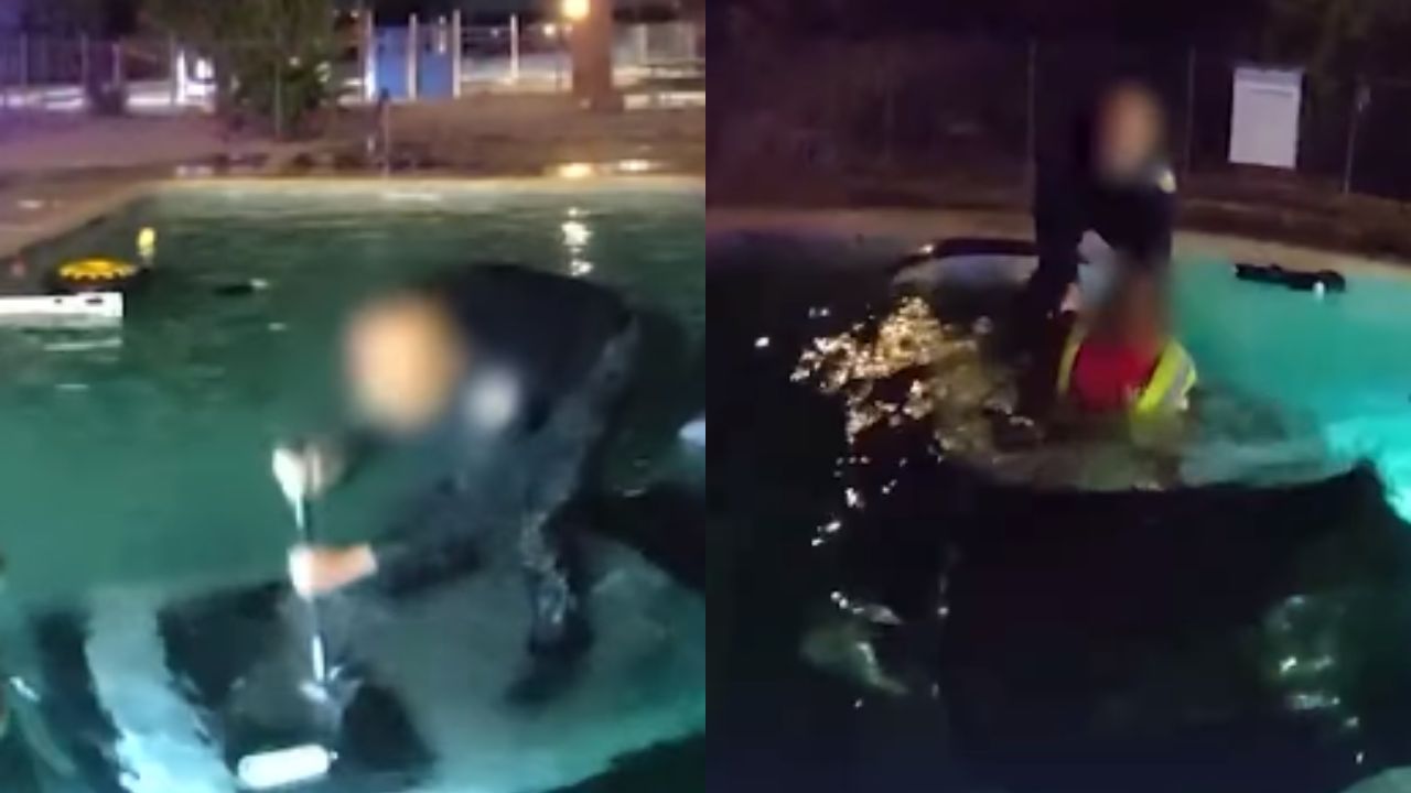 Graban rescate de un hombre sumergido en carro atrapado en una piscina