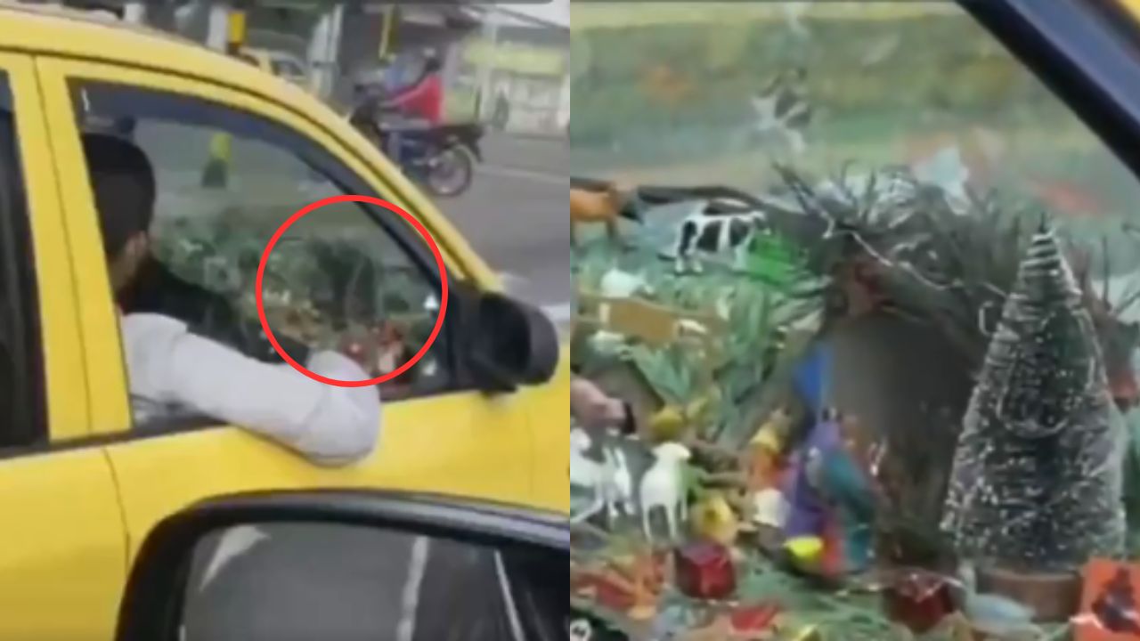 ¿Usted lo decoraría así? Graban taxi con tablero adornado de Navidad