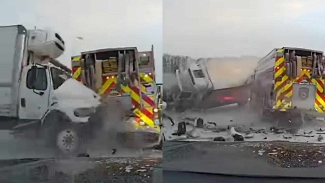 Vídeo: Camión se estrella contra carro de bomberos tras derrapar en la carretera