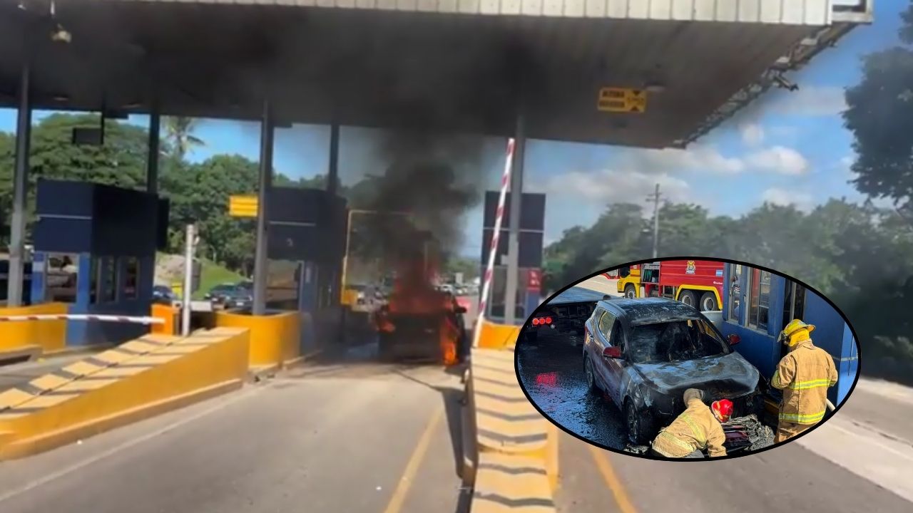 Incendio consume carro en casetas de peaje en Santa Cruz de Yojoa
