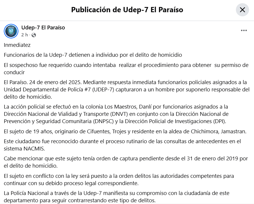 Captura de pantalla en la que se lee lo informado por la Policía