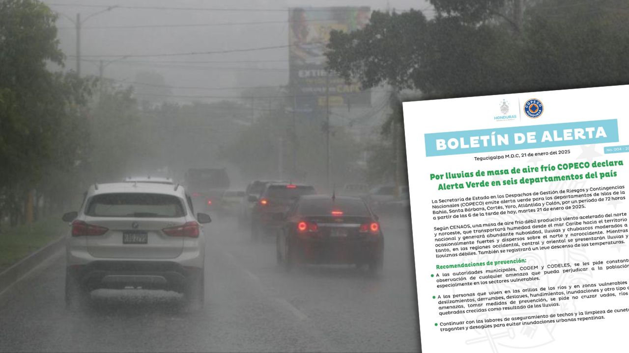 Alerta verde en estos seis departamentos de Honduras por lluvias de masa de aire frío