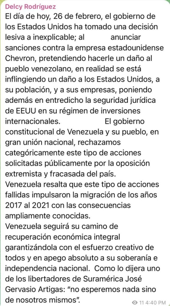 Captura de pantalla del mensaje de Delcy Rodríguez