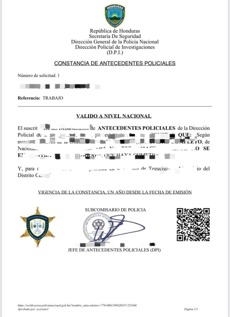 Fotografía de la hoja de los antecedentes policiales