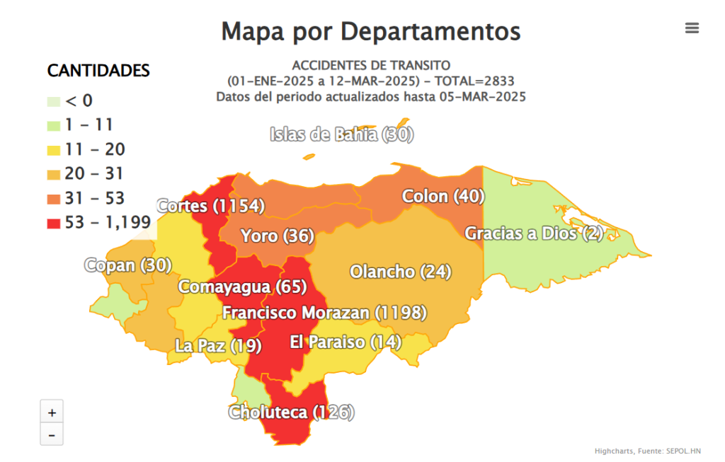 Mapa con los accidentes de tránsito en Honduras
