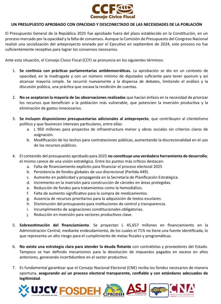 Comunicado del CCF donde se lee las críticas