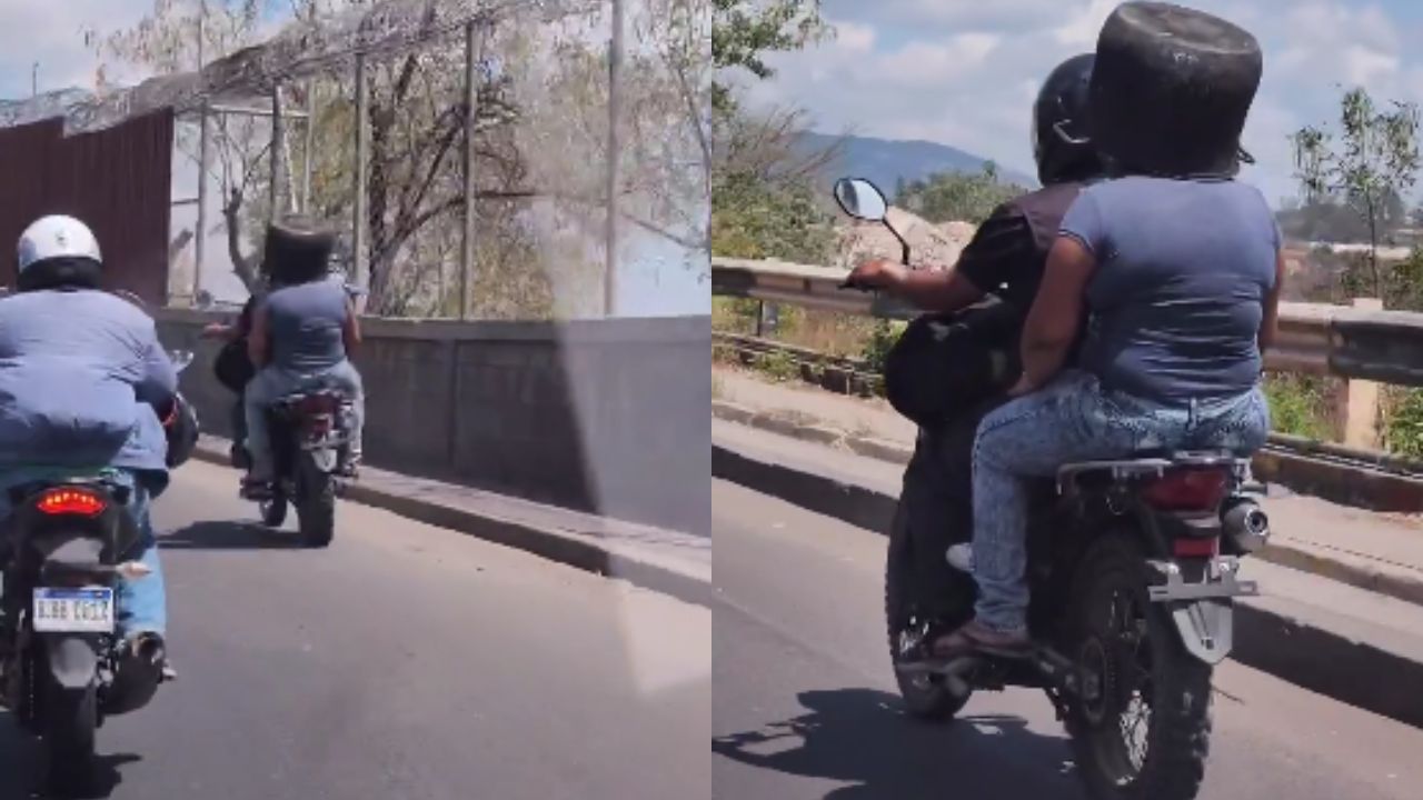 Graban a mujer en motocicleta usando una olla como casco en la capital