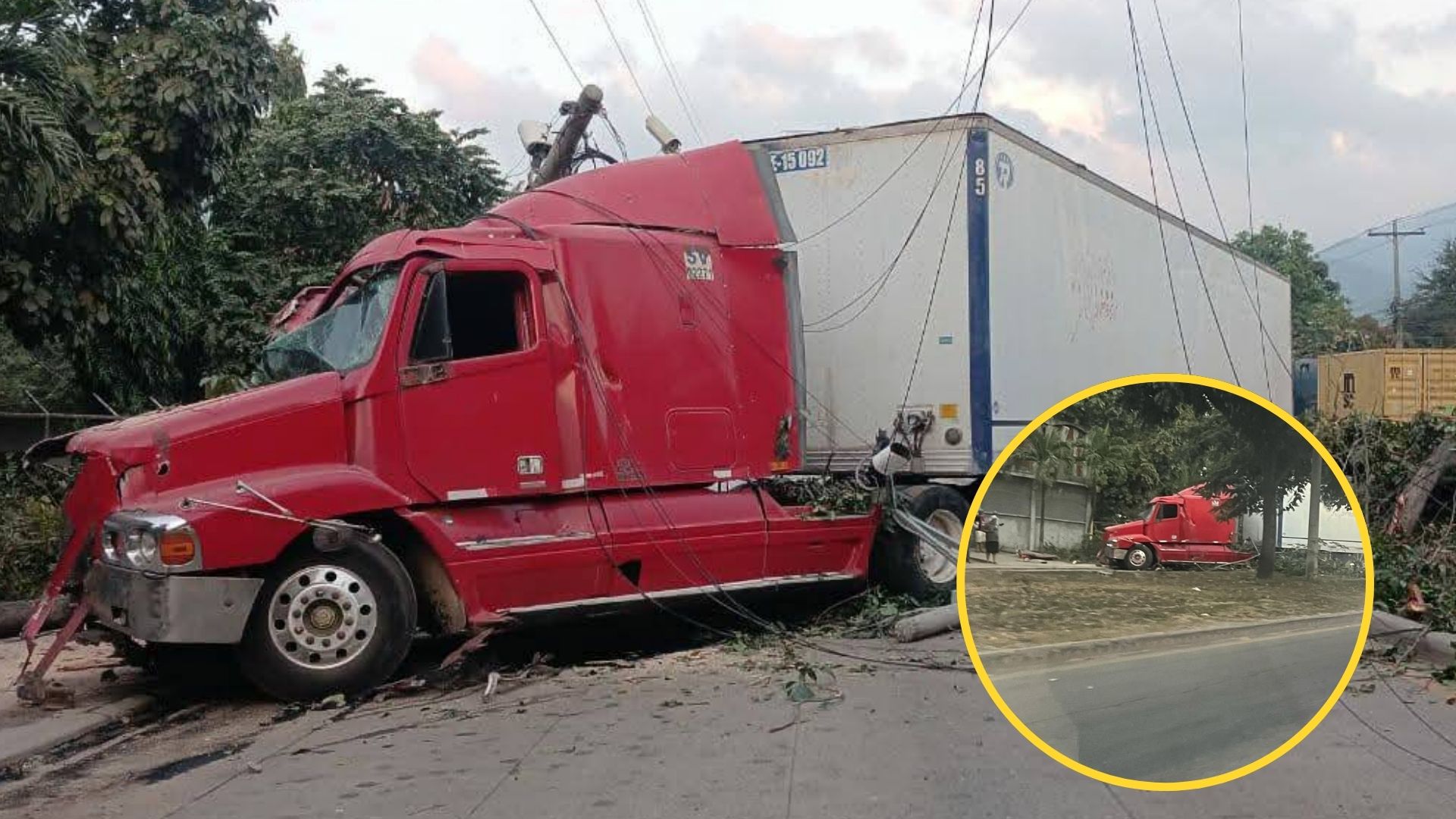 VIDEO: Conductor de rastra 'bolo' derriba árboles y postes en San Pedro Sula