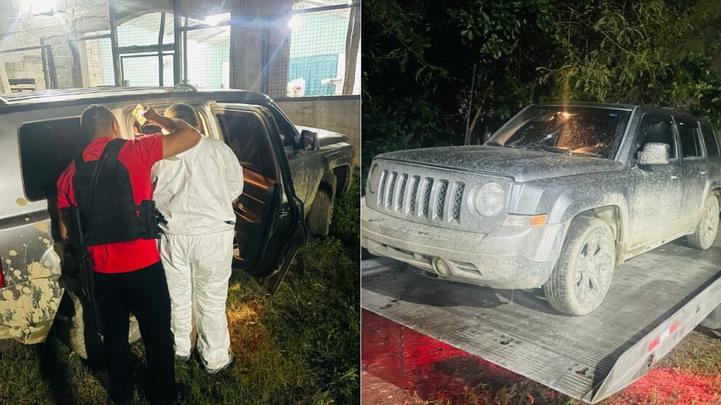 A la izquierda, autoridades inspeccionando el vehículo; a la derecha, el automóvil