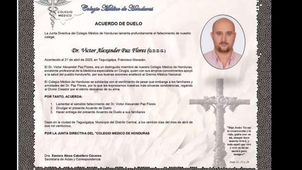 Acuerdo de duelo por el médico Víctor Alexander Paz Flores