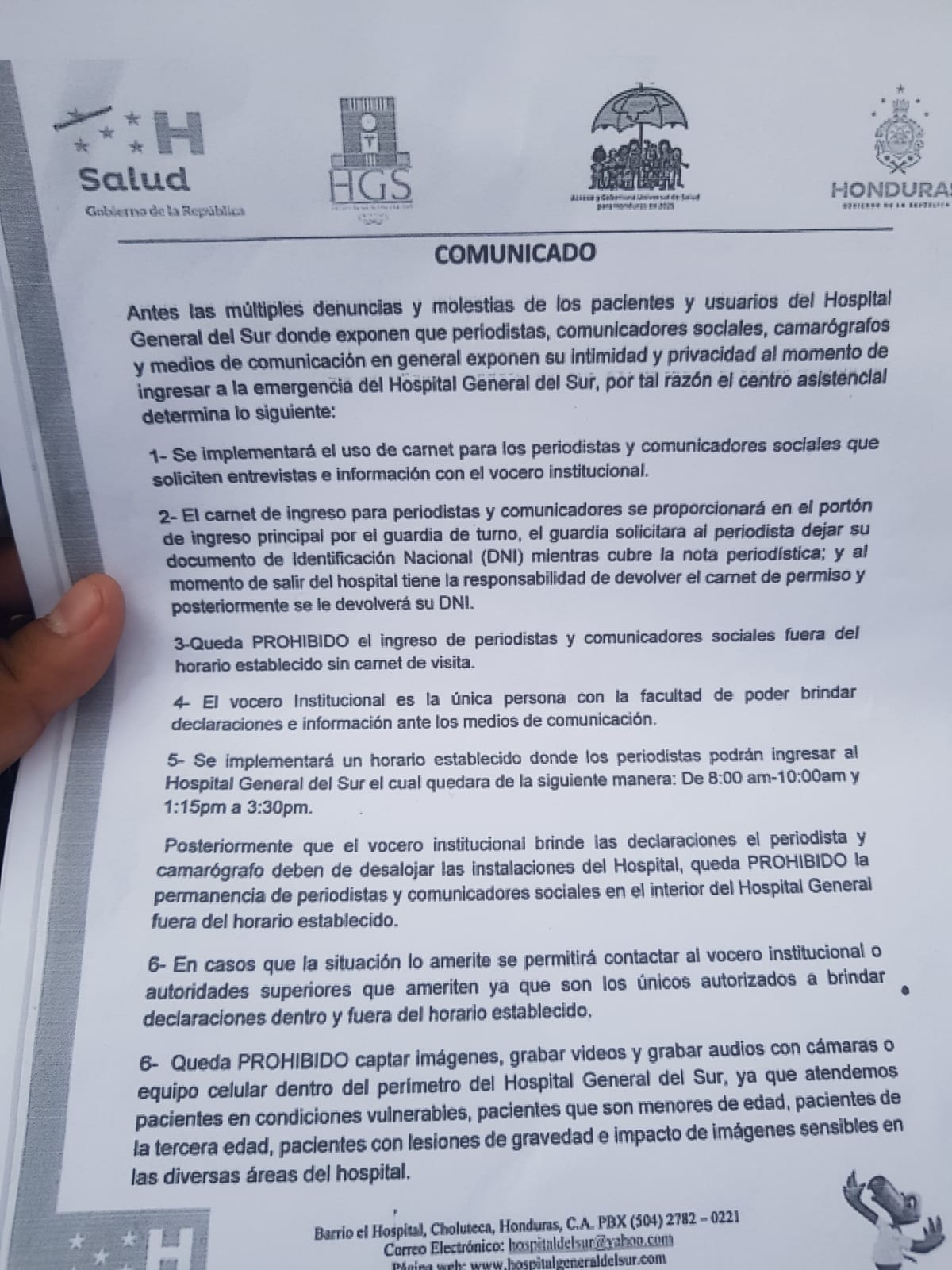 Comunicado del Hospital del Sur sobre las restricciones a periodistas. Foto: cortesía.