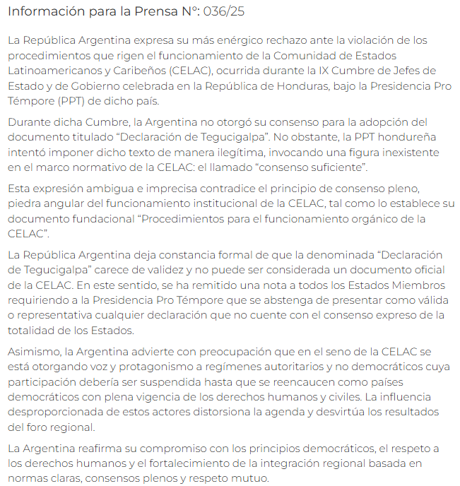 Captura de pantalla del comunicado