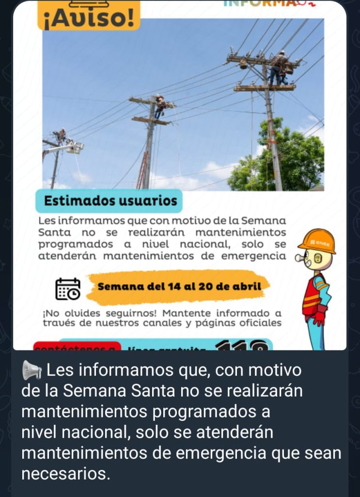 Captura de pantalla que señala lo informado sobre cortes de energía eléctrica