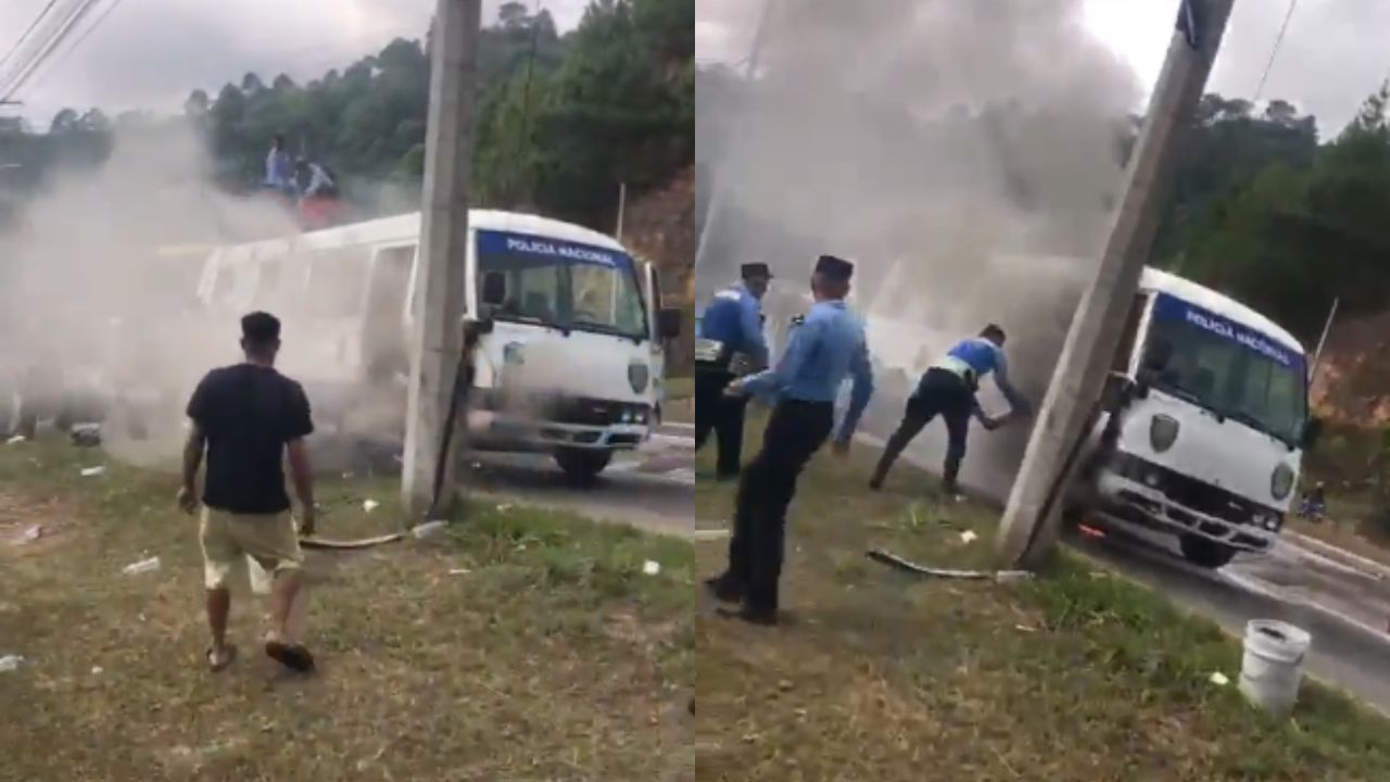 Incendio consume bus de la Policía Nacional en la carretera CA-5
