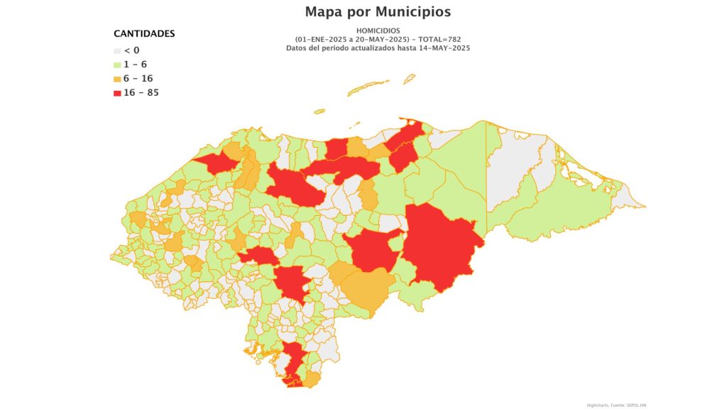 Mapa de homicidios por municipios de Honduras