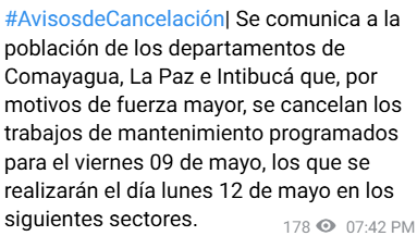 Captura de pantalla de lo comunicado por la ENEE