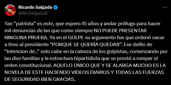 Respuesta de Ricardo Salgado a Romeo Vásquez Velásquez a través de X. Foto: X del funcionario.