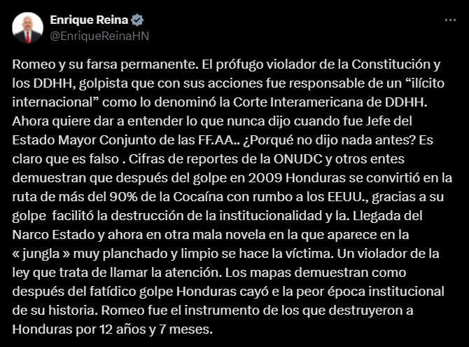 Respuesta de Enrique Reina a Romeo Vásquez Velásquez a través de X. Foto: X del funcionario.