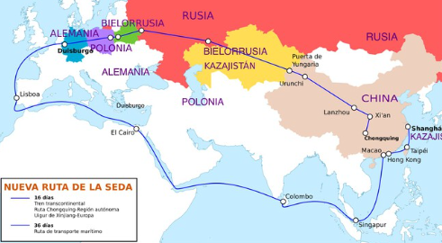 Un mapa con países que integran Ruta de la Seda
