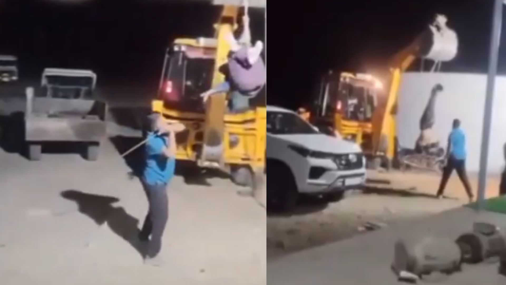 VIDEO: Hombre es colgado de una excavadora y golpeado por robar cemento