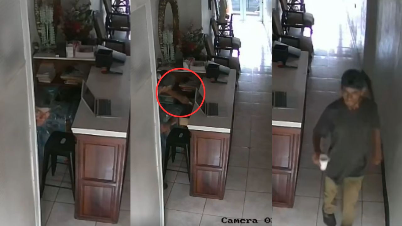Cámara graba a ladrón que roba dinero de caja de un negocio en Olancho