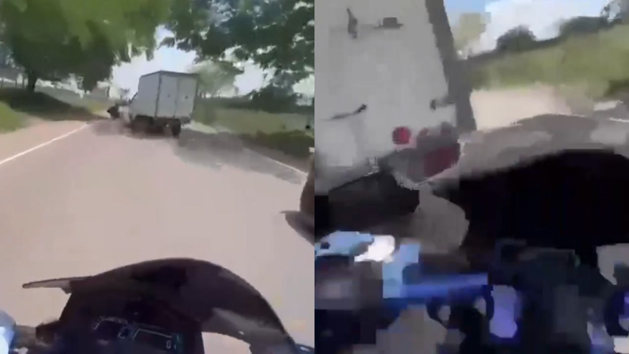Imagen de Motociclista graba con cámara corporal momento de accidente con camión