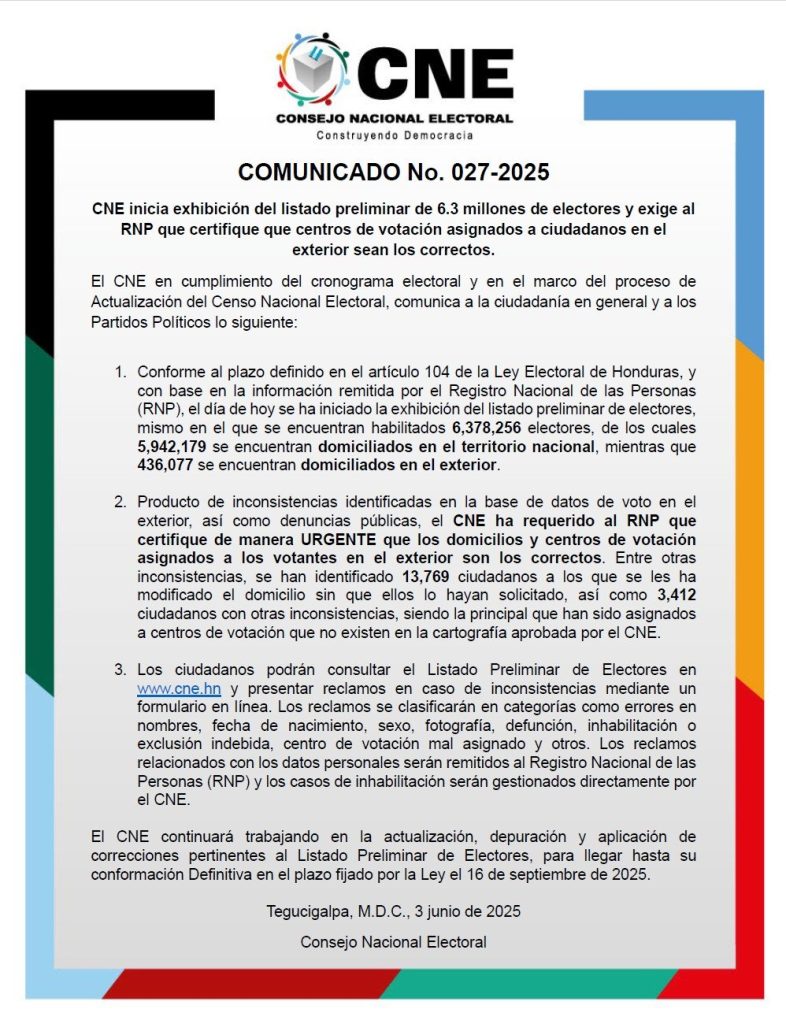 Comunicado emitido por el CNE. 