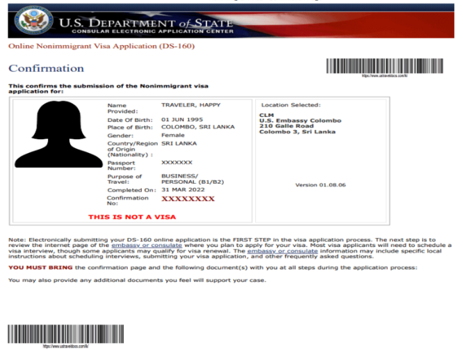 Captura de pantalla del formulario DS-160
