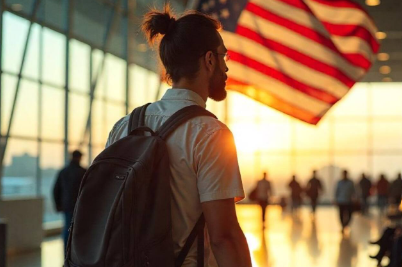 Una persona caminando y al frente la bandera de EE. UU.