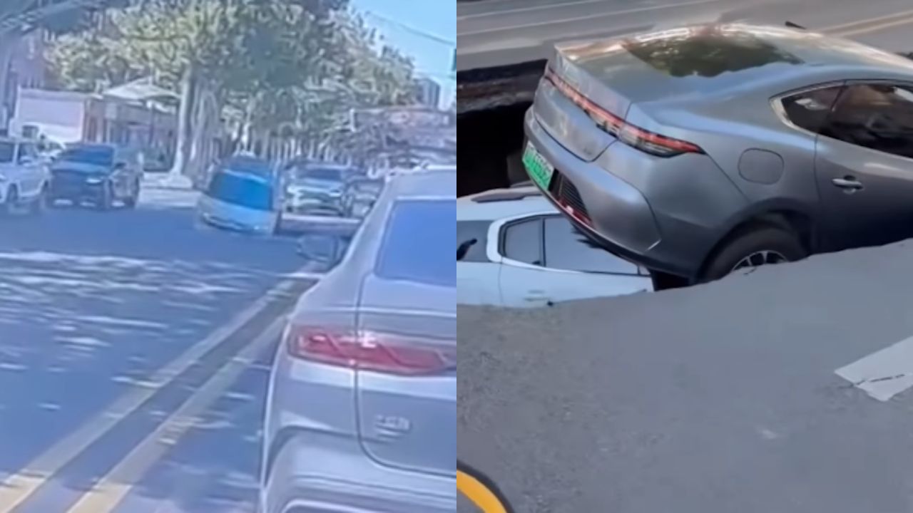 Se los 'tragó': Graban momento en que dos carros cayeron en socavón