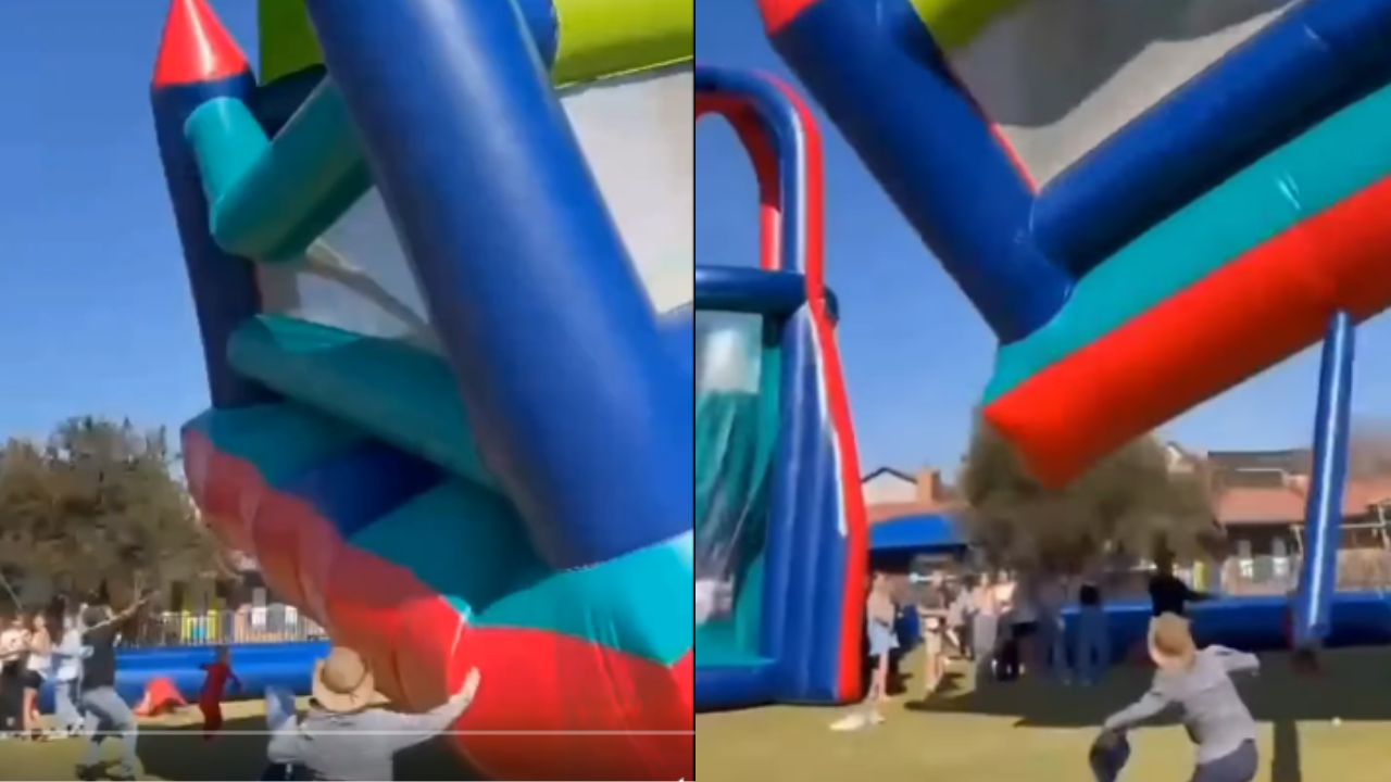 Imagen de Vídeo: Castillo inflable sale volando con niños en su interior durante una feria