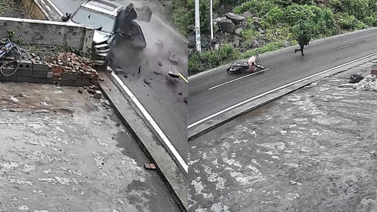 Vídeo: Derrumbe hace caer a un carro a barranco; motociclista logró escapar