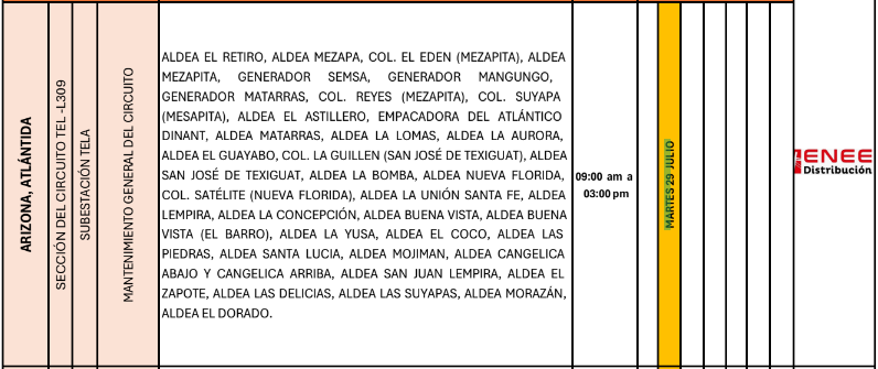 Apagones programados en Arizona, Atlántida. Foto: ENEE.