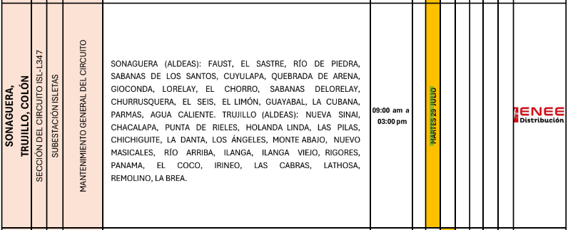 Áreas sin energía eléctrica en Sonaguera y Trujillo. Foto: ENEE.