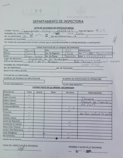 Acta de decomiso del bus 'rapidito' en el que se dio la caída del pasajero. Foto: DNVT.