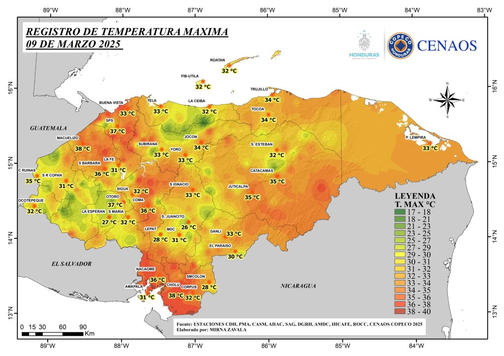 Mapa de Honduras con las temperaturas