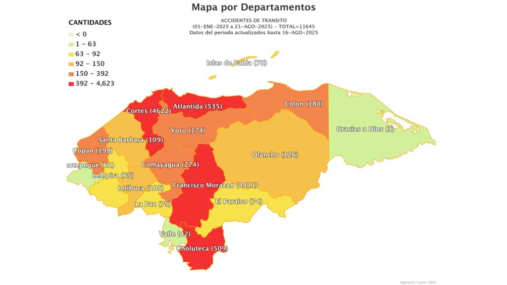 Mapa de accidentes viales en Honduras.