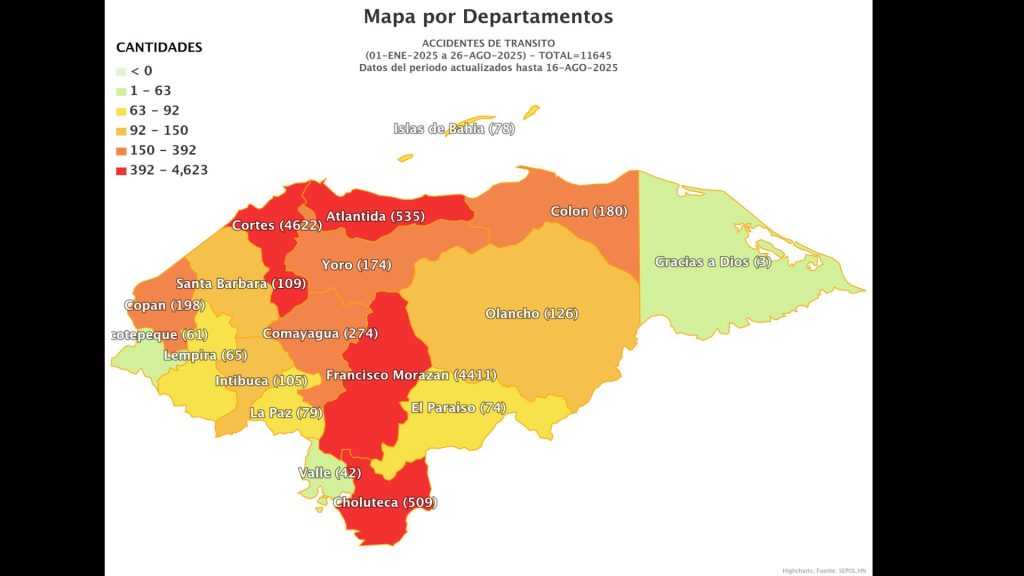 Mapa de accidentes de tránsito en Honduras.