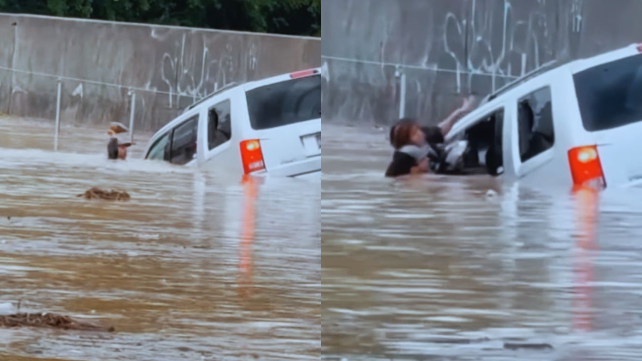 ¡Héroe! Trabajador arriesgó su vida y rescató a mujer en carro durante inundación