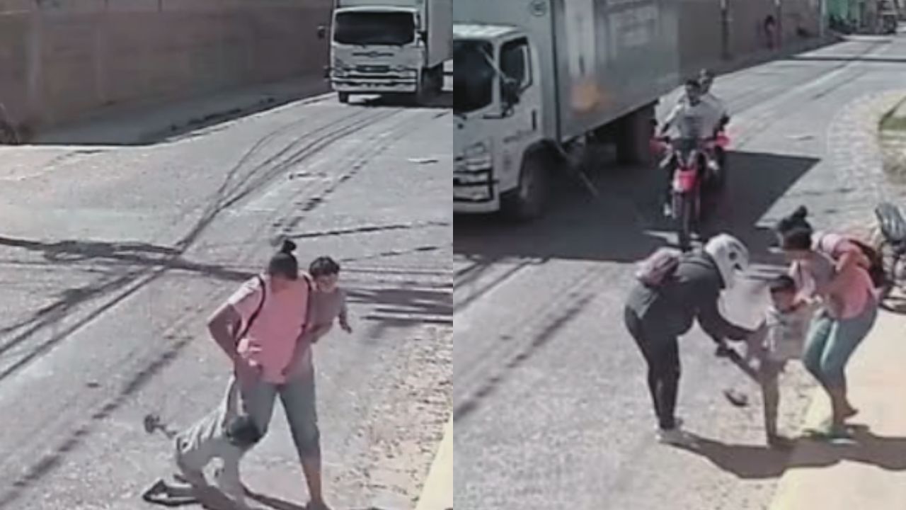 Vídeo: Niño se enredó en cables sueltos en la calle y casi es arrastrado por un camión