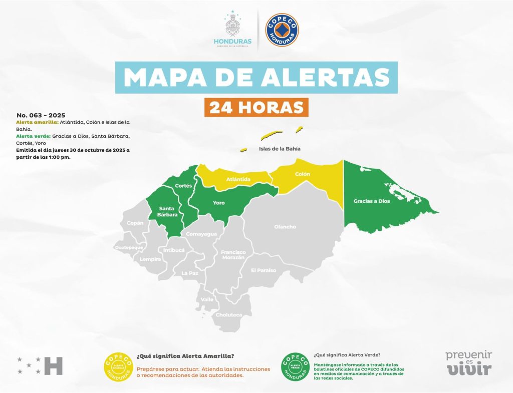 Mapa con las alertas vigentes en Honduras