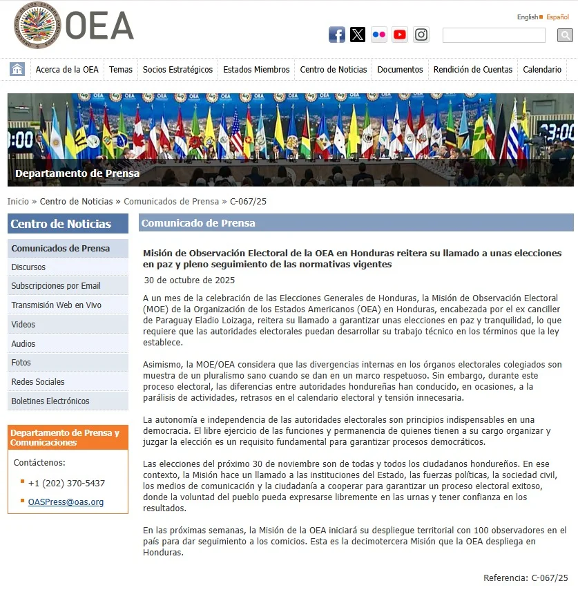 Captura de pantalla del comunicado de la OEA