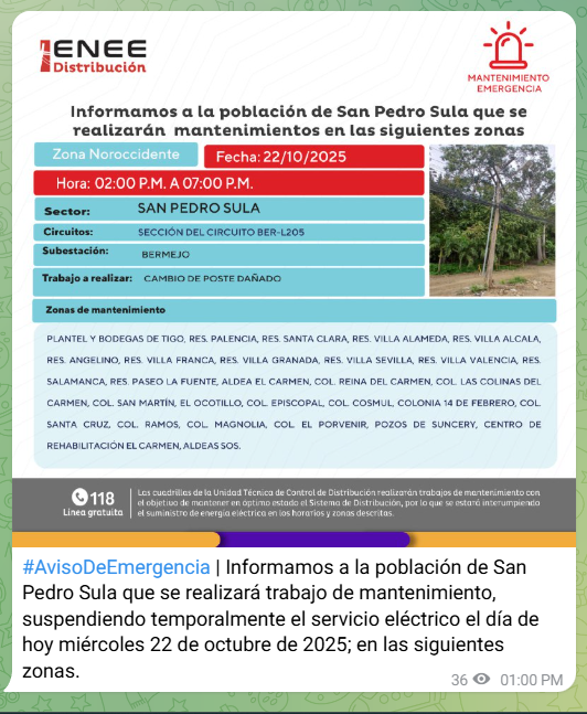 Captura de pantalla del comunicado de la ENEE