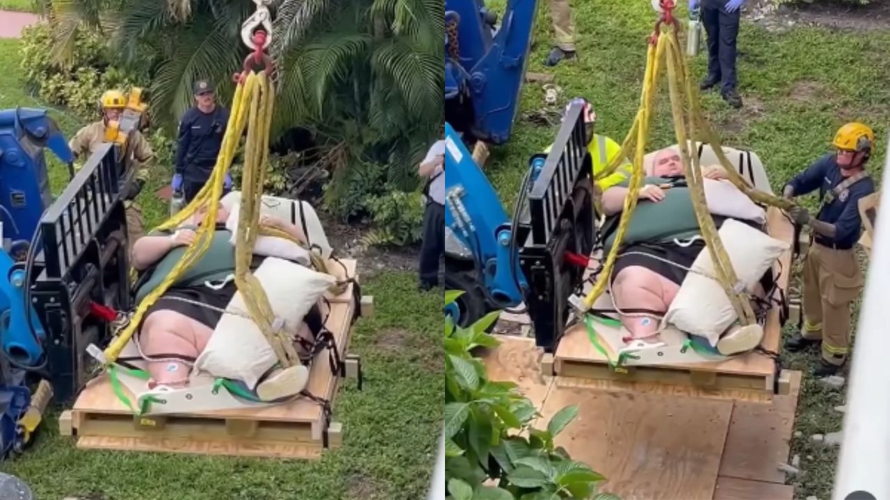 Vídeo: Rescatan con grúa a un hombre para llevarlo de su casa al hospital