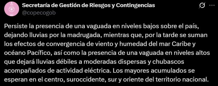 Captura de pantalla de lo informado por Copeco