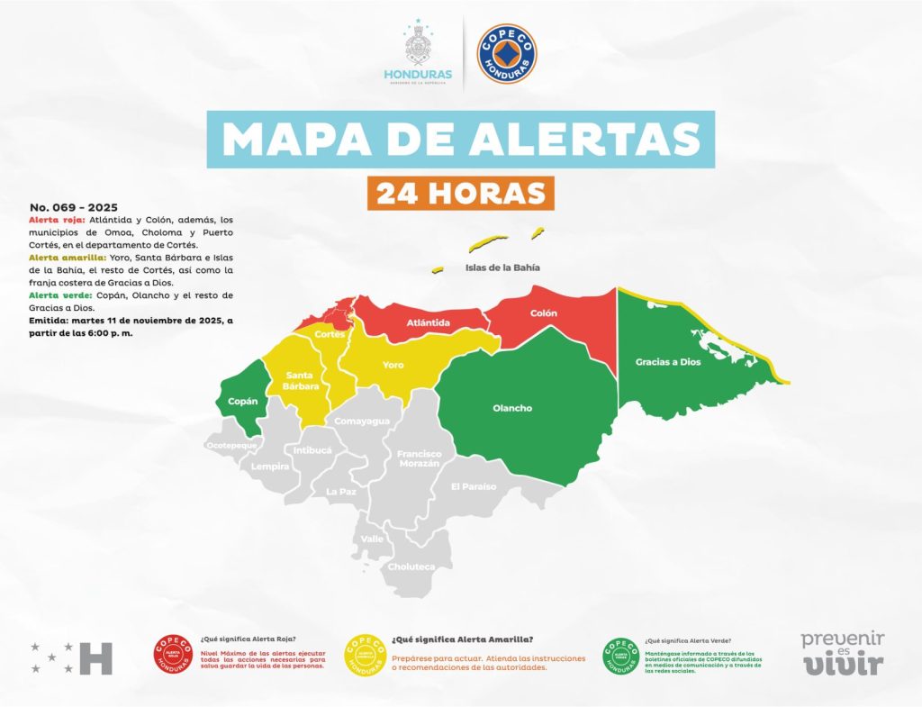 Mapa con las alertas vigentes en Honduras