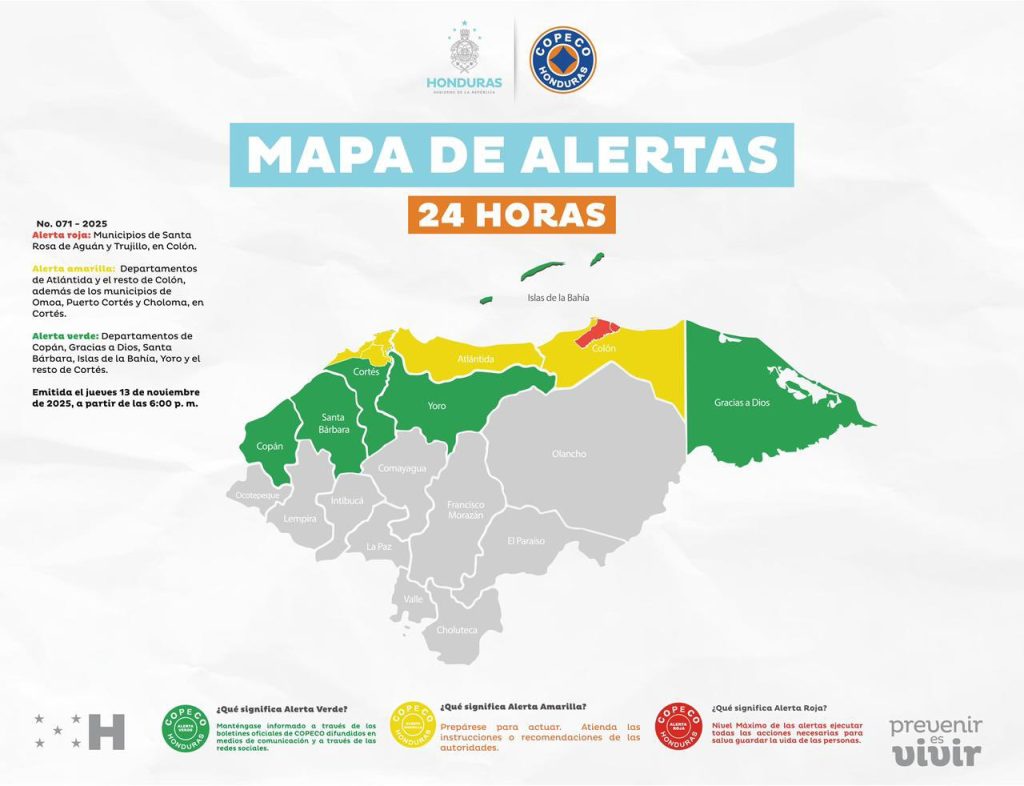 Mapa con las alertas vigentes en Honduras